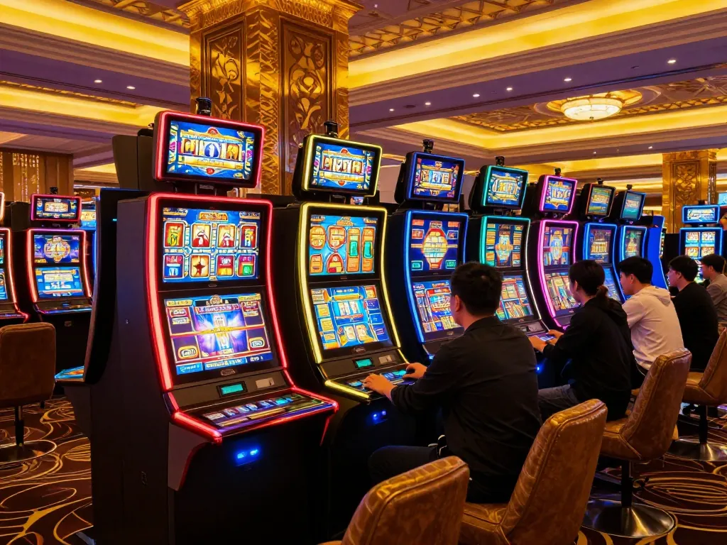 Players enjoying the latest slot machines at https://da88at.com/ showcasing vibrant displays and engaging gameplay.