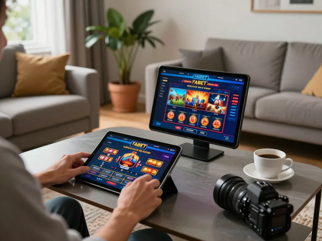 Player enjoying online casino games on FABET using a tablet at home, showcasing a cozy gaming setup.
