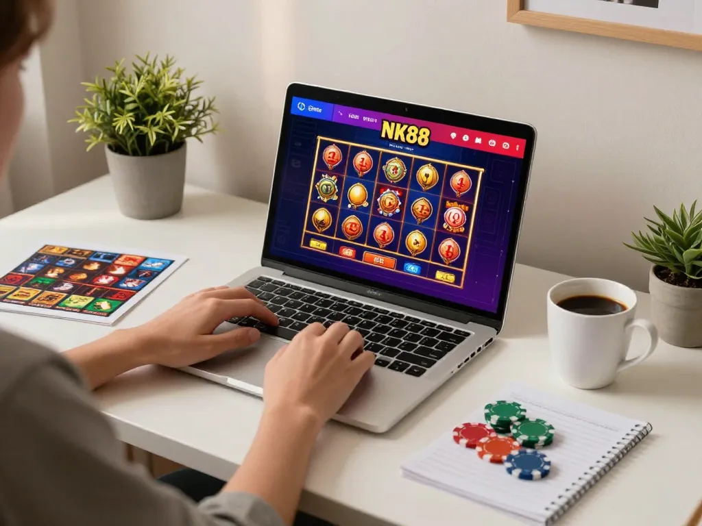 Engaged player using NK88 for online casino gaming on a stylish home desk