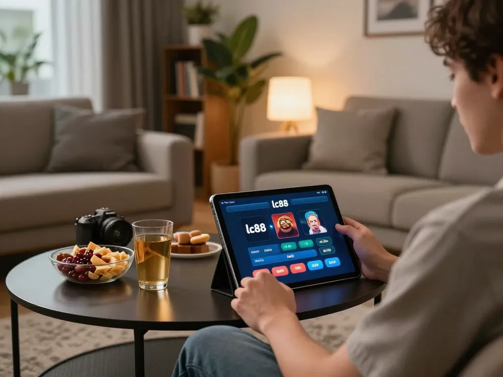 Player enjoying the lc88 casino app on a tablet, highlighting online gaming atmosphere.