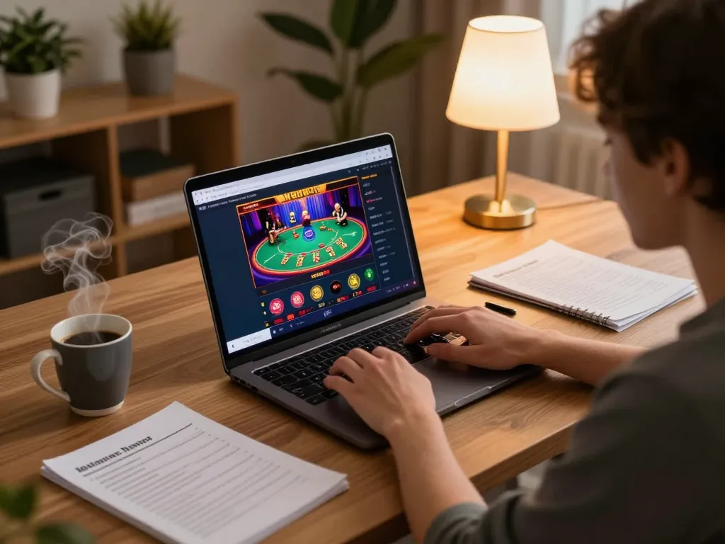 Engaging online casino gaming scene on https://f168.sarl/ with player using laptop in cozy atmosphere.