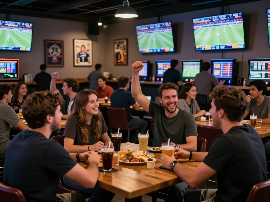 Fans engaging in sports betting while cheering for their teams at nhandinhkeonhacai sports lounge.
