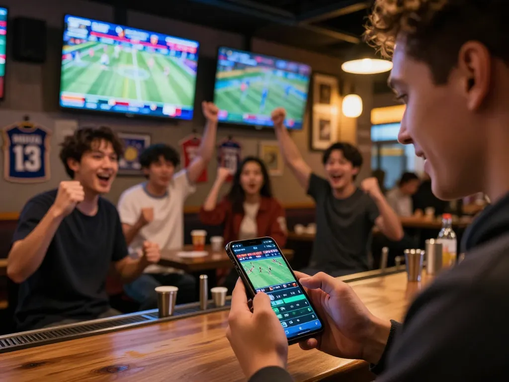 Engaging live sports betting scene with resultsfootball showcased on a smartphone as friends cheer.