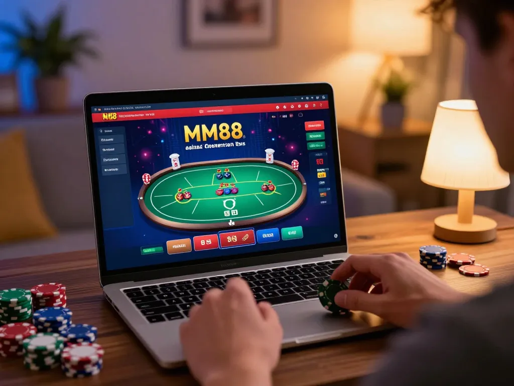 Player enjoying an online MM88 poker game setup at home, showcasing a casual gaming atmosphere