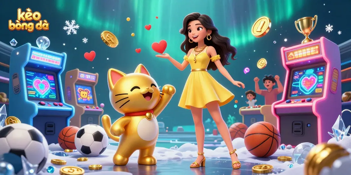 Engaging kèo bóng đá scene featuring cheerful Asian woman and lucky cat mascot among sports betting elements.