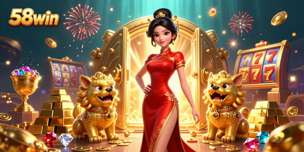 Play thrilling slot games and win big at 58win, featuring vibrant 3D elements and dazzling treasures.