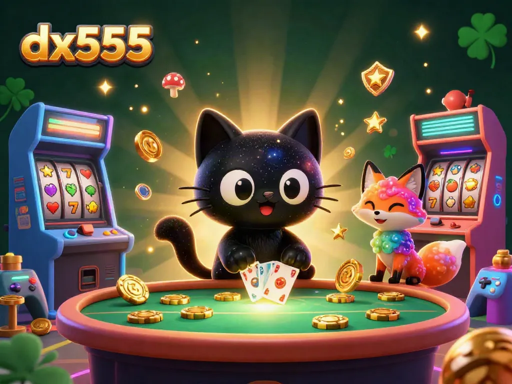 A cosmic casino scene featuring the dx555 brand with a black hole cat, colorful game elements, and lucky symbols.