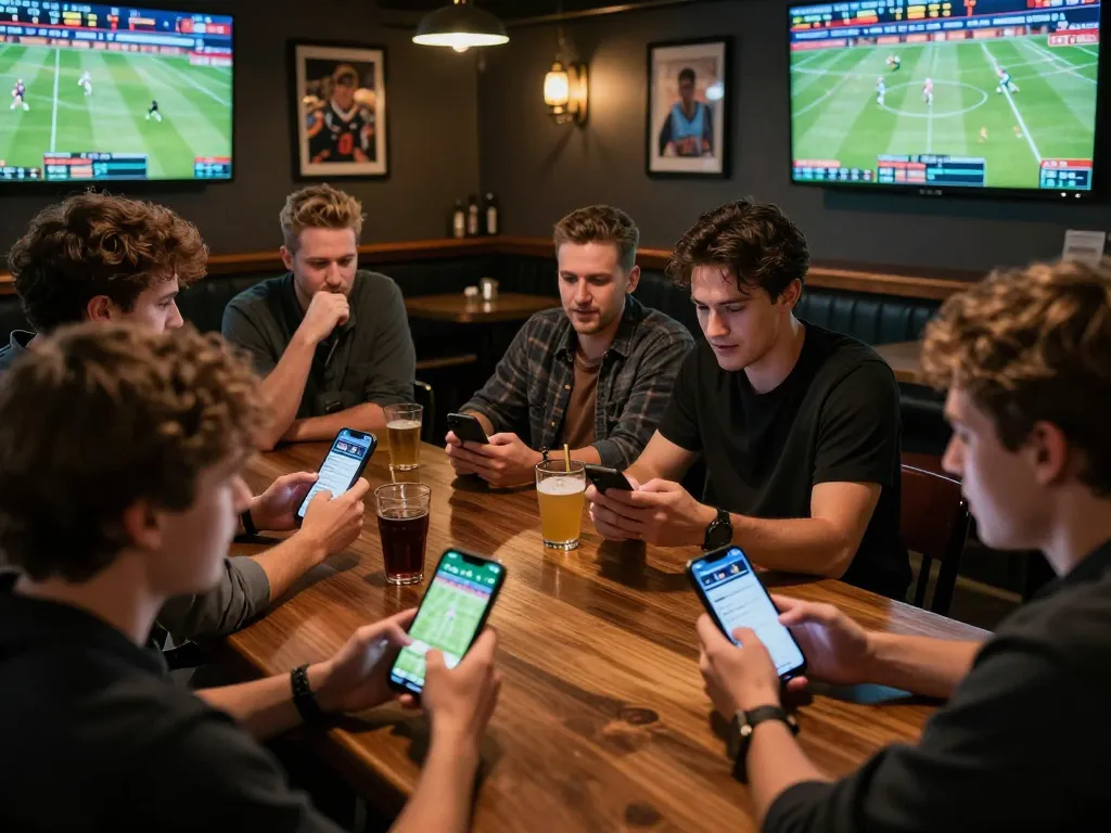 Betting enthusiasts engaging with nowgoal app during live sports games in vibrant bar atmosphere.