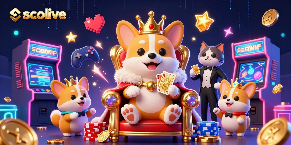 Socolive engages viewers with a royal corgi and cat butler in a lively casino scene featuring poker chips and 3D gaming elements.