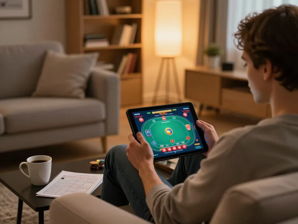Engaged player using abc8go app on tablet for online poker in cozy living room.