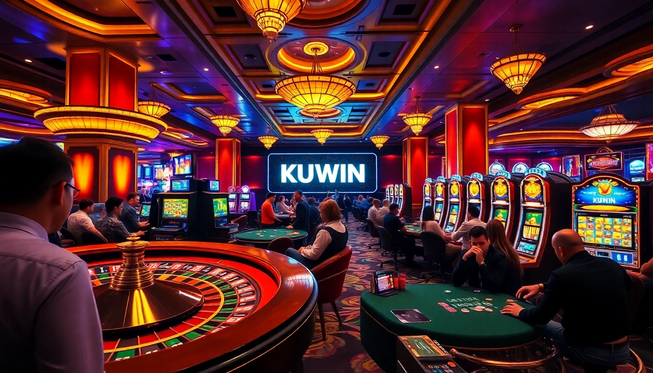 Experience the thrill of gambling with KUWIN at a bustling casino table featuring poker chips and a roulette wheel.