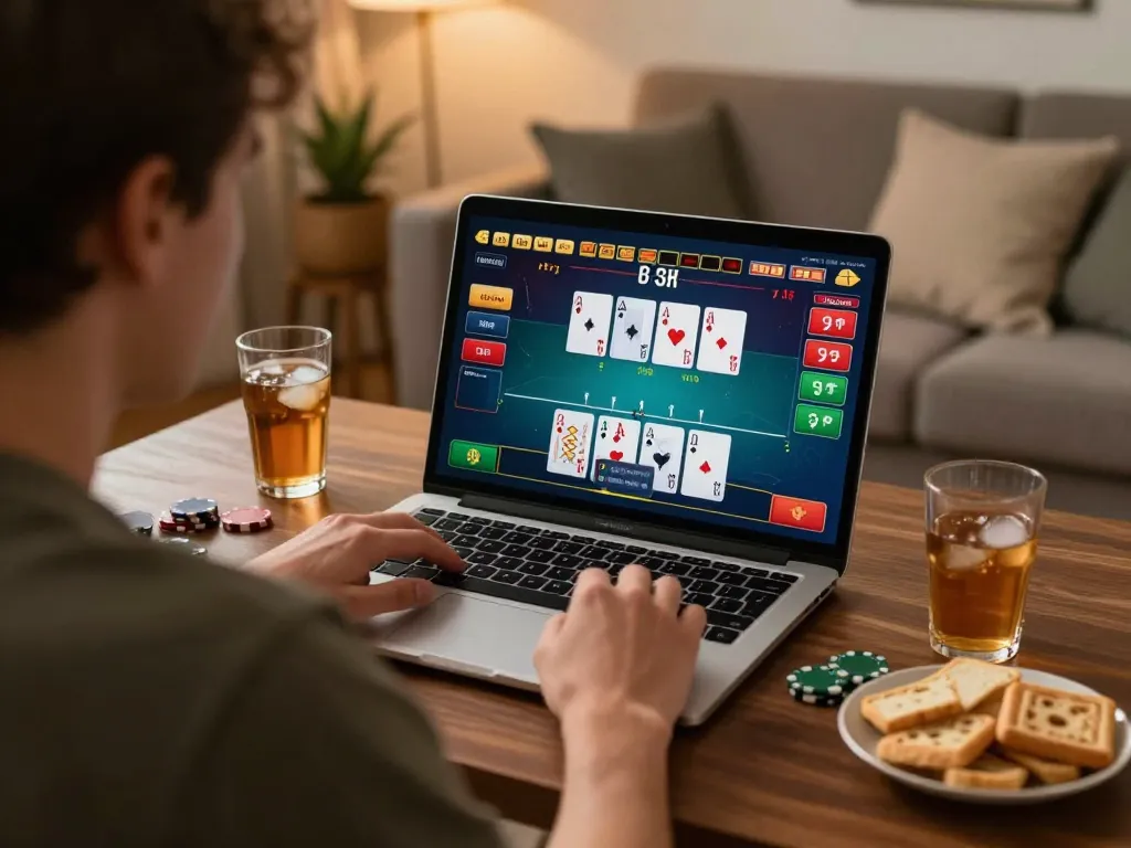 HM88 player enjoying an immersive blackjack game online with laptop in cozy home setting
