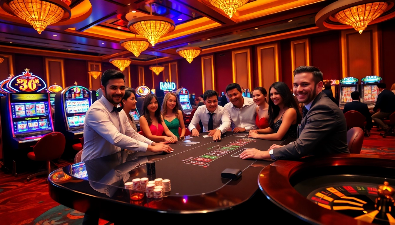 Hitclub players enjoying an exciting game at a luxurious casino table filled with vibrant poker chips and cards.
