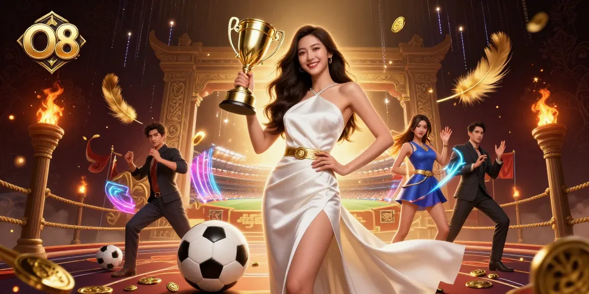 O8 sports betting scene capturing a victorious Asian woman with soccer elements and dramatic effects.