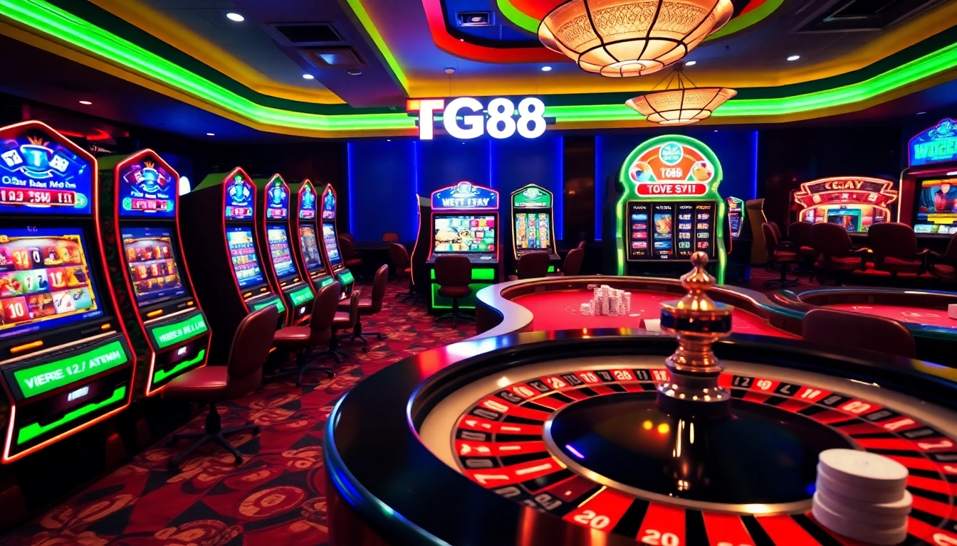 Players enjoying games at TG88 casino featuring roulette, cards, and chips.