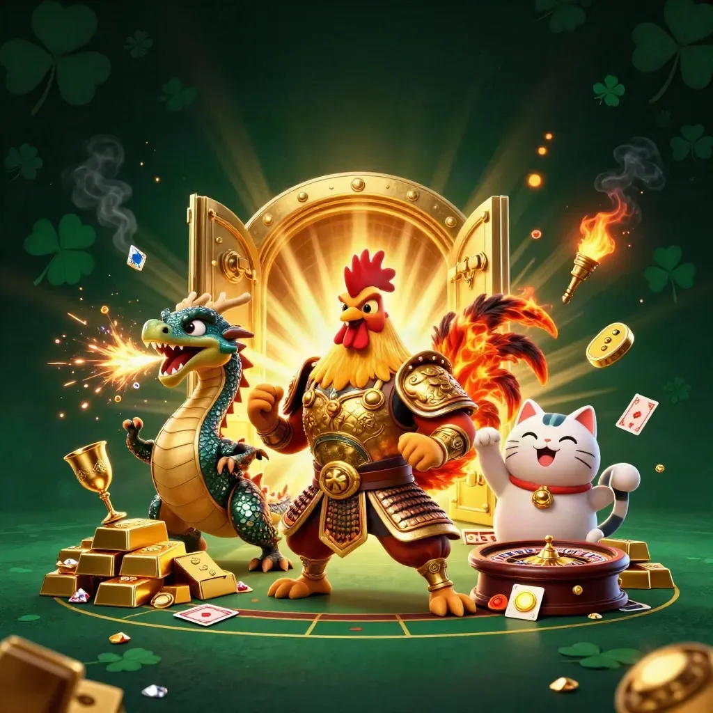 Rooster warrior, dragon hatchling, and fortune cat in a gold vault explosion with casino treasures.