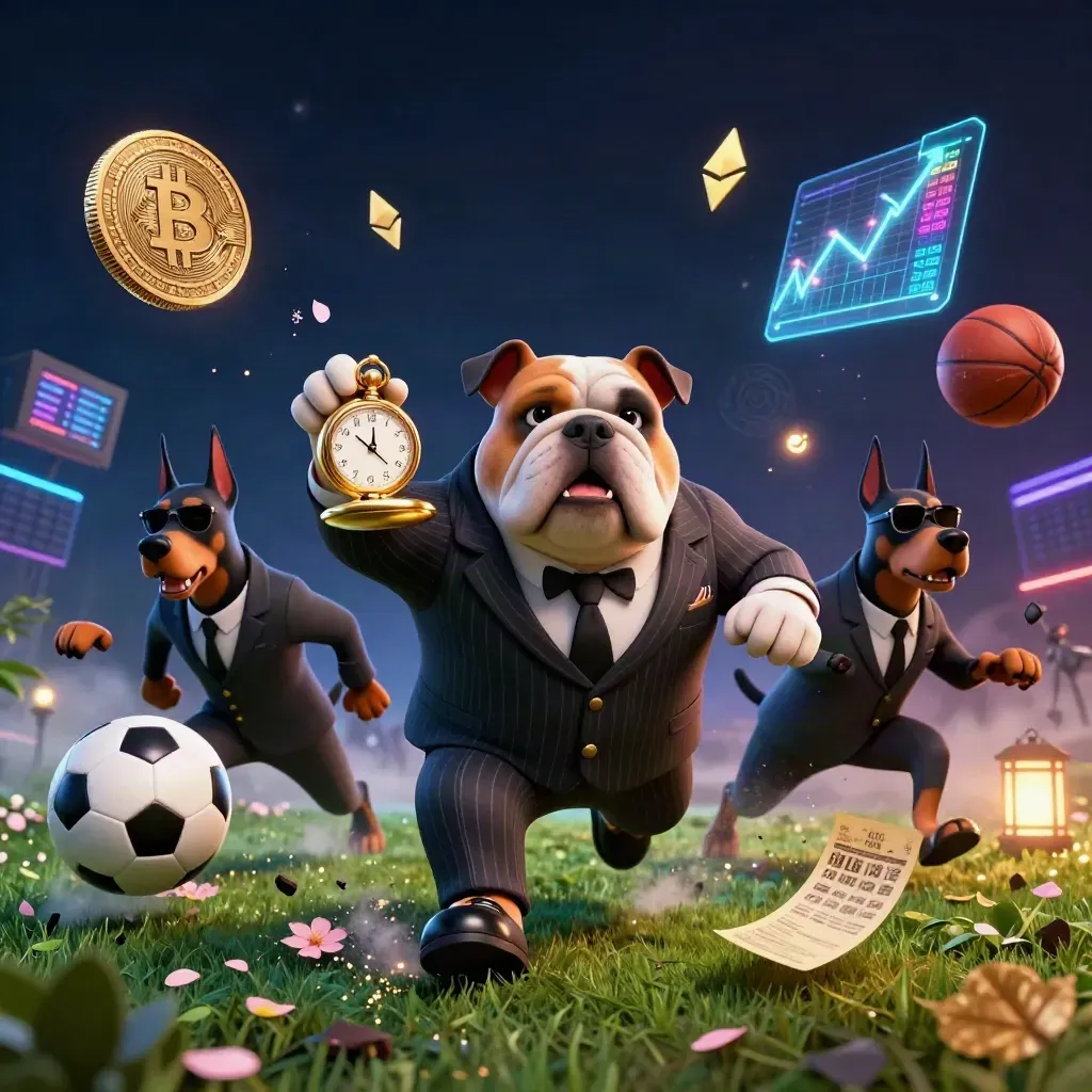 Low-angle cartoon bulldog mob boss with two Dobermans, flying balls, neon coins, and casino glow