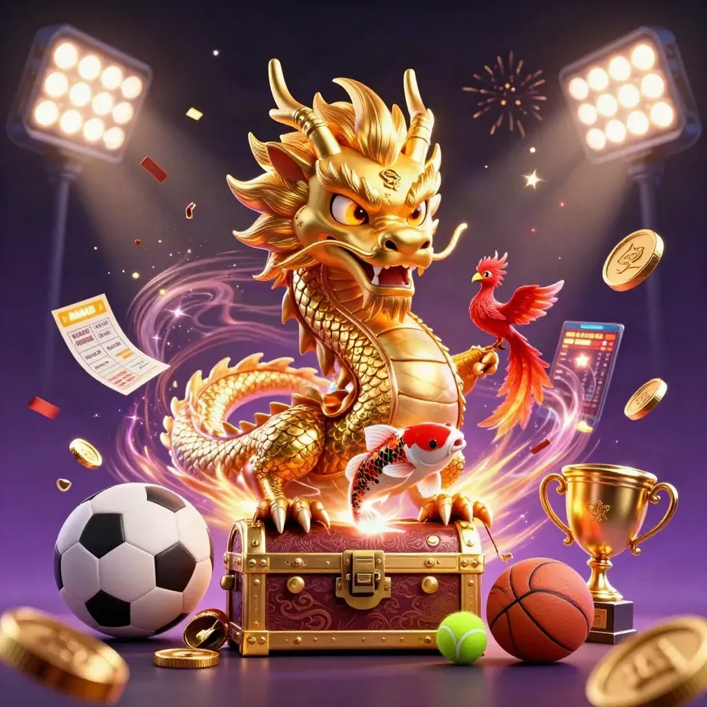 Golden dragon, phoenix, koi, sports balls, trophy, and casino effects in a dramatic neon splash screen.