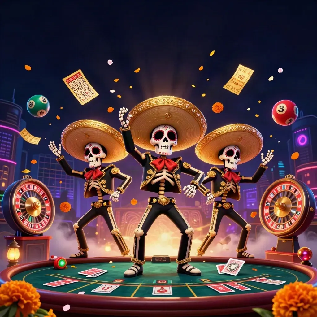 Skeleton mariachi trio amid neon casino lights, spinning wheel, gold confetti, petals, and glowing runes.