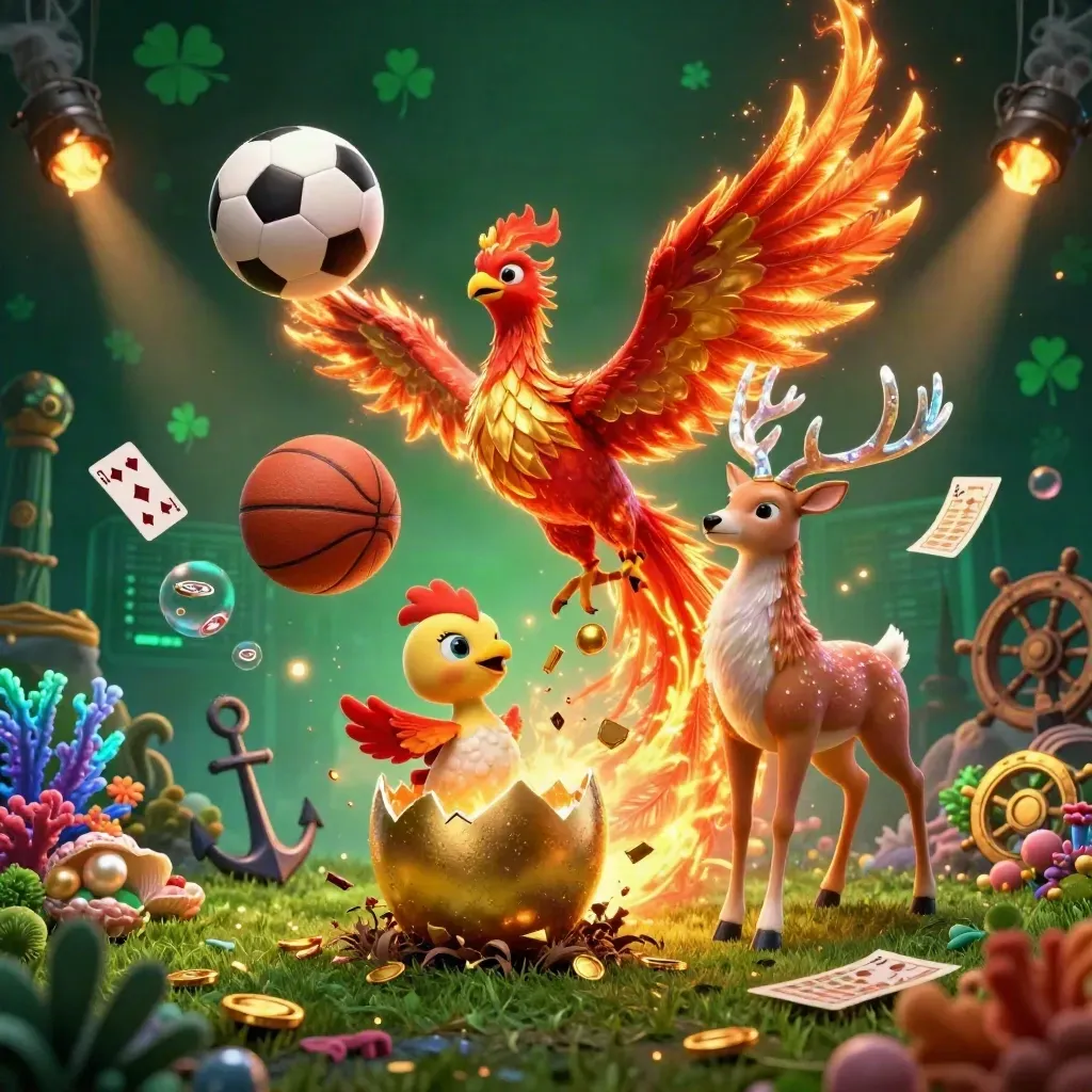 Fire phoenix, stag, and baby phoenix amid coins, coral, balls, and casino glow.