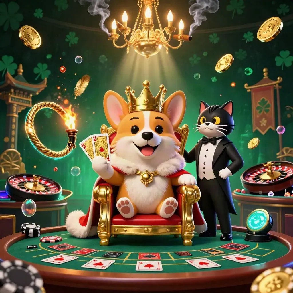 Crowned corgi and cat butler in a luxe casino room with gold, emerald light, and neon glow.