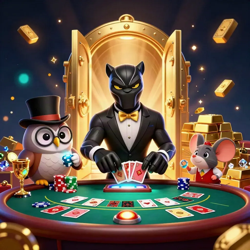 Panther, owl, and mouse amid casino riches, vault light, chips, cards, and glowing roulette