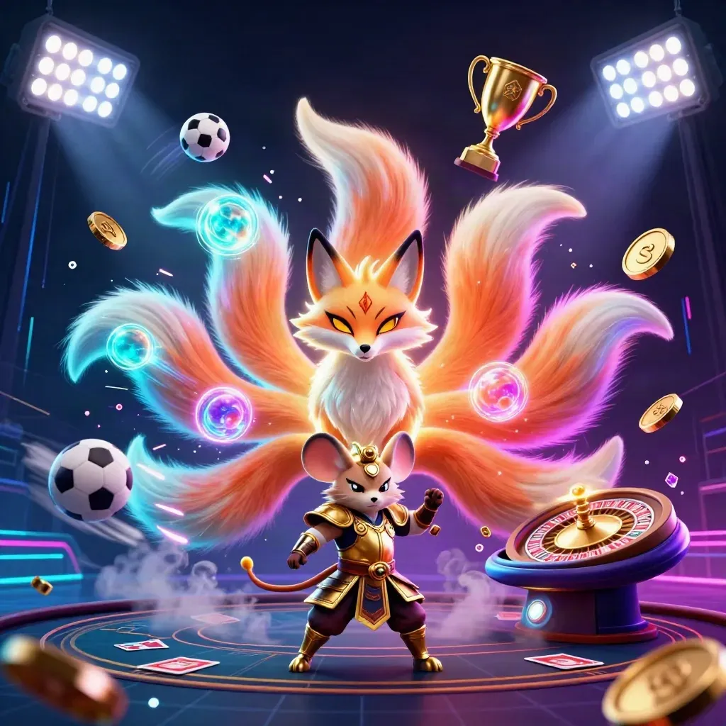 Neon fox spirit and samurai mouse amid casino glow, sports balls, trophies, and a spinning roulette halo.