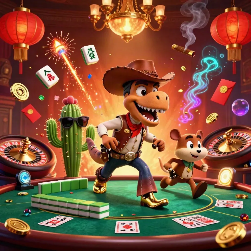 Cartoon T-Rex cowboy, cactus sidekick, and roadrunner in a luxe casino burst with glowing tiles and lanterns.