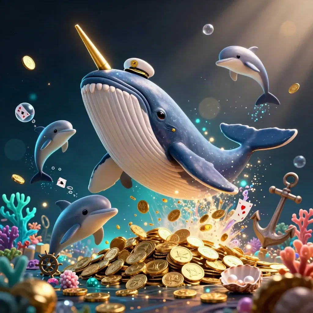 Captain whale, narwhal and dolphins burst through coins in a glowing treasure cove.