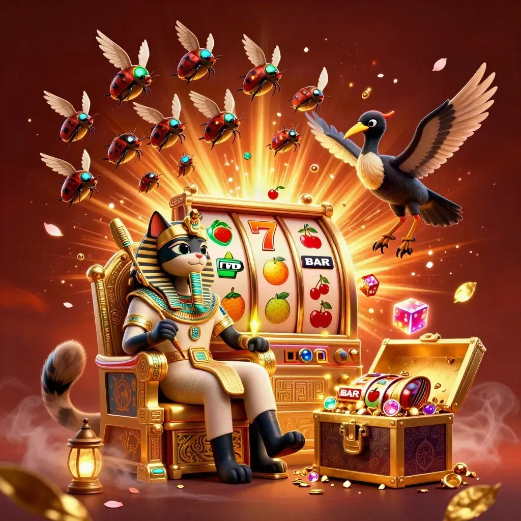 Pharaoh cat, ibis scribe, and gem-winged scarabs explode with gold, dice, and jackpot energy.