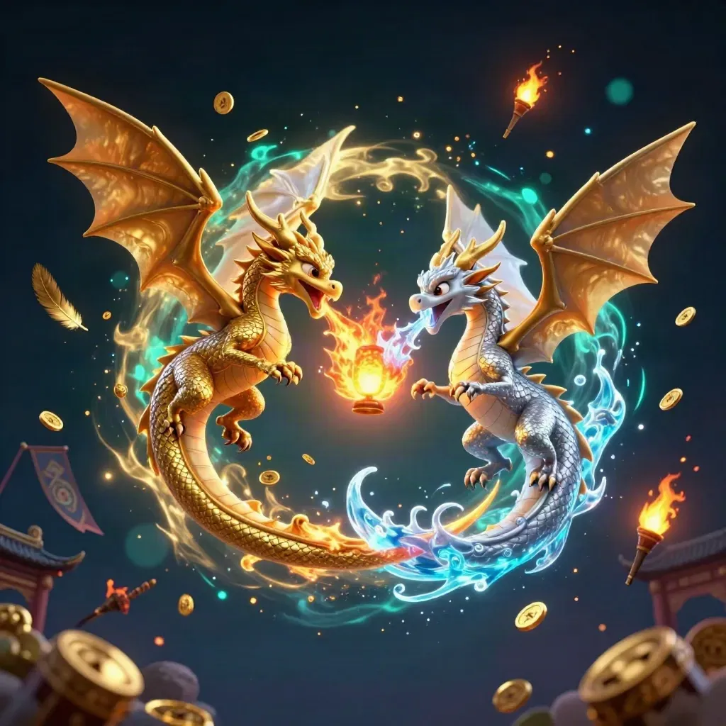 Gold and silver dragons in a yin-yang flight amid treasure, embers, and a temple gate.