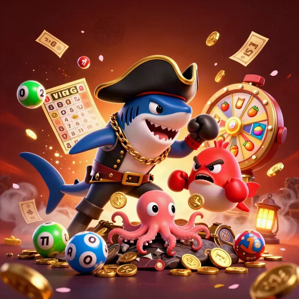 Pirate shark, boxing pufferfish, and juggling octopus amid casino tokens and emerald-gold magic.