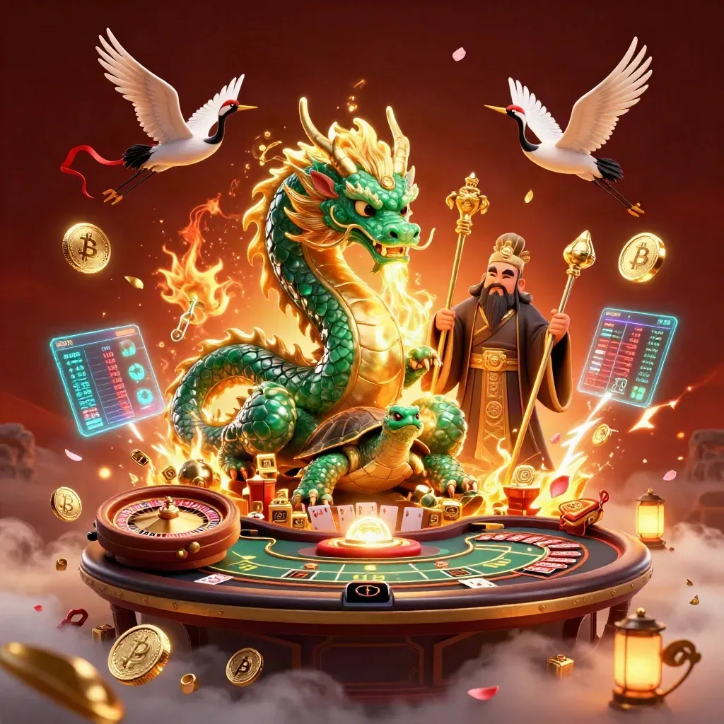 Emerald dragon, turtle sage and cranes amid coins, fire, roulette and neon casino energy.