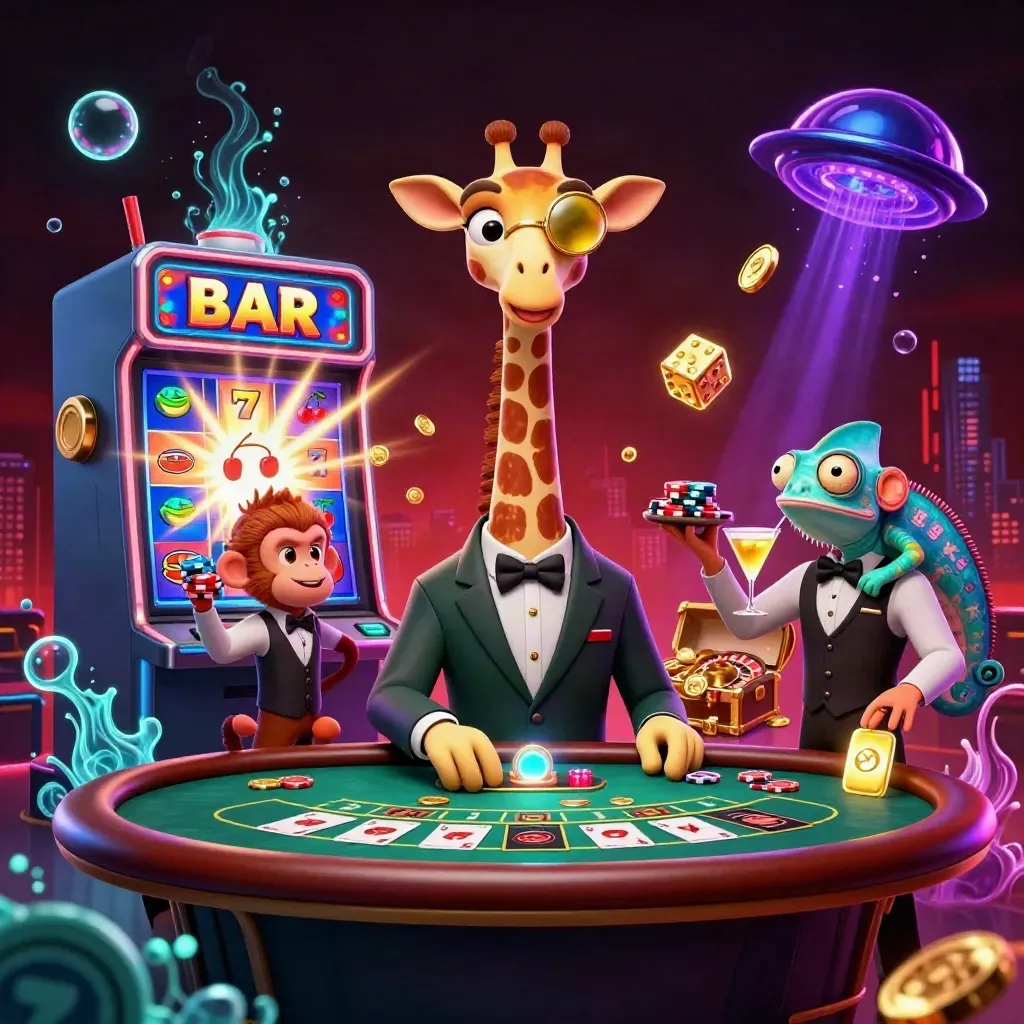 Giraffe, monkey, and chameleon amid exploding slot jackpots, coins, and neon casino lights