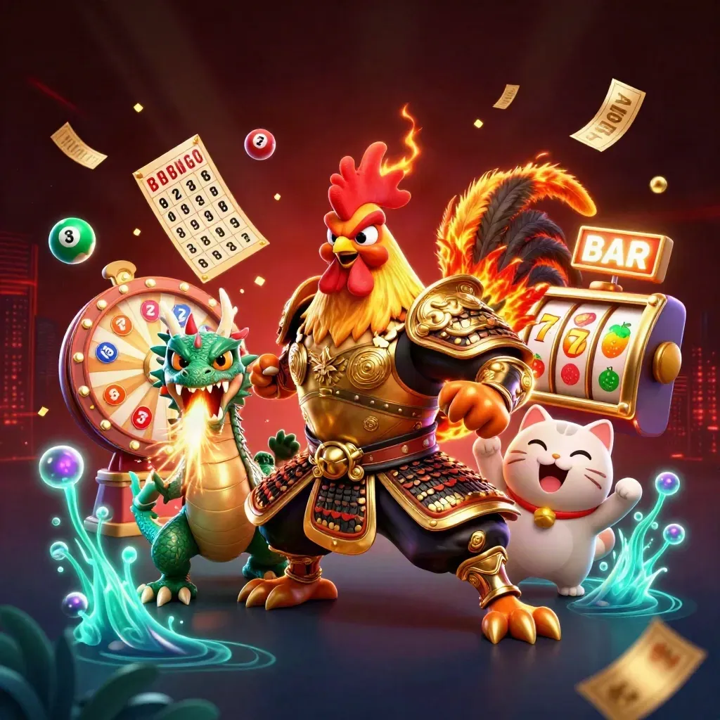 Rooster warrior, dragon hatchling, and fortune cat amid casino sparks and neon lime glow