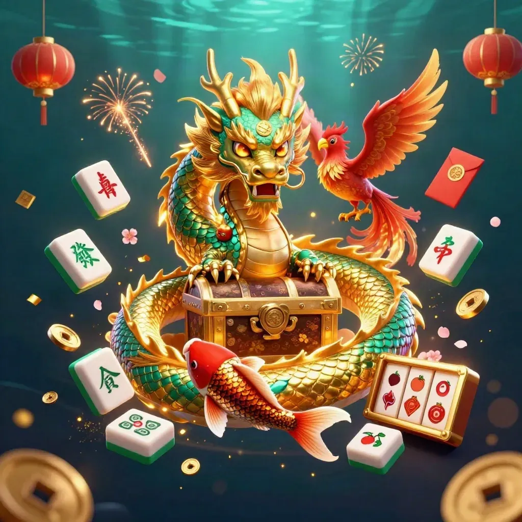 Golden dragon with phoenix and koi amid casino luck symbols in a dark luxury glow.