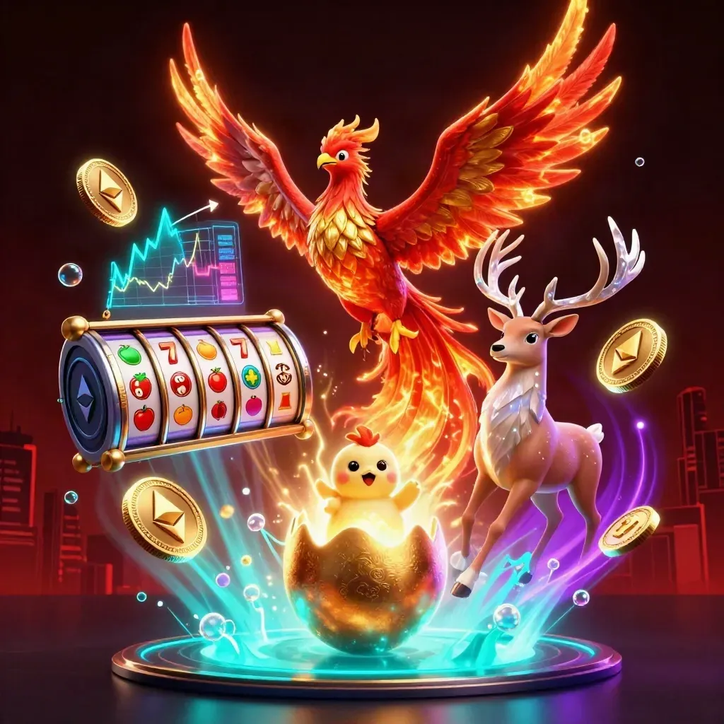 Phoenix, hatchling and crystal stag amid casino coins, reels and neon lightning.