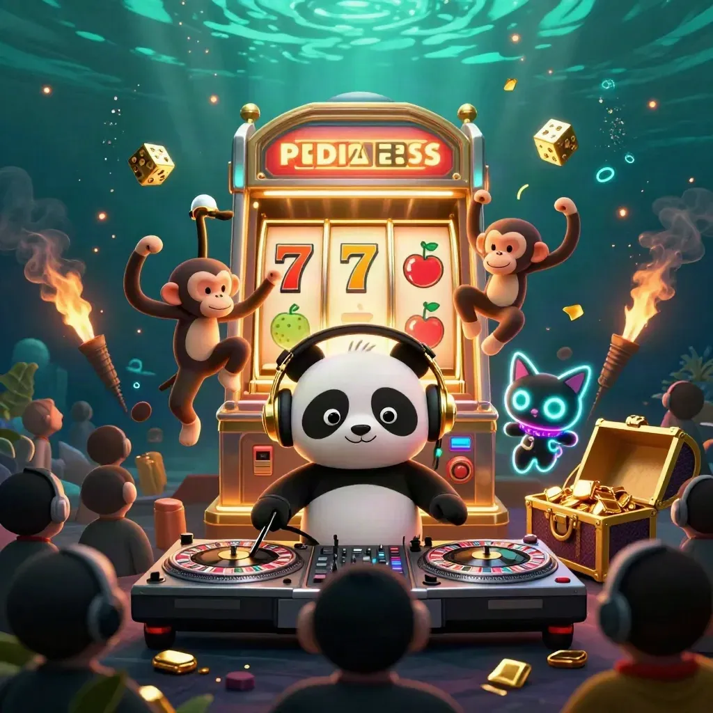 DJ panda, dancing monkey and rave kitten amid slot bursts, gold dice and emerald casino glow