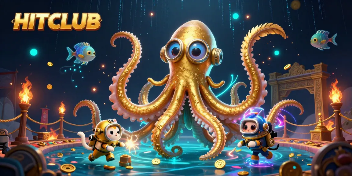 Engage with the HITCLUB experience featuring a playful kraken and vintage diving cat in a vibrant casino scene.