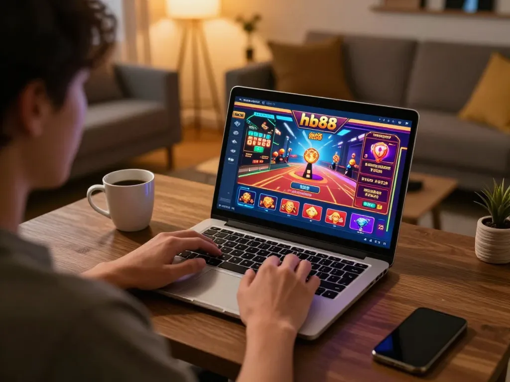Player enjoying hb88 online casino game on laptop in cozy home setting, showcasing strategic gameplay.