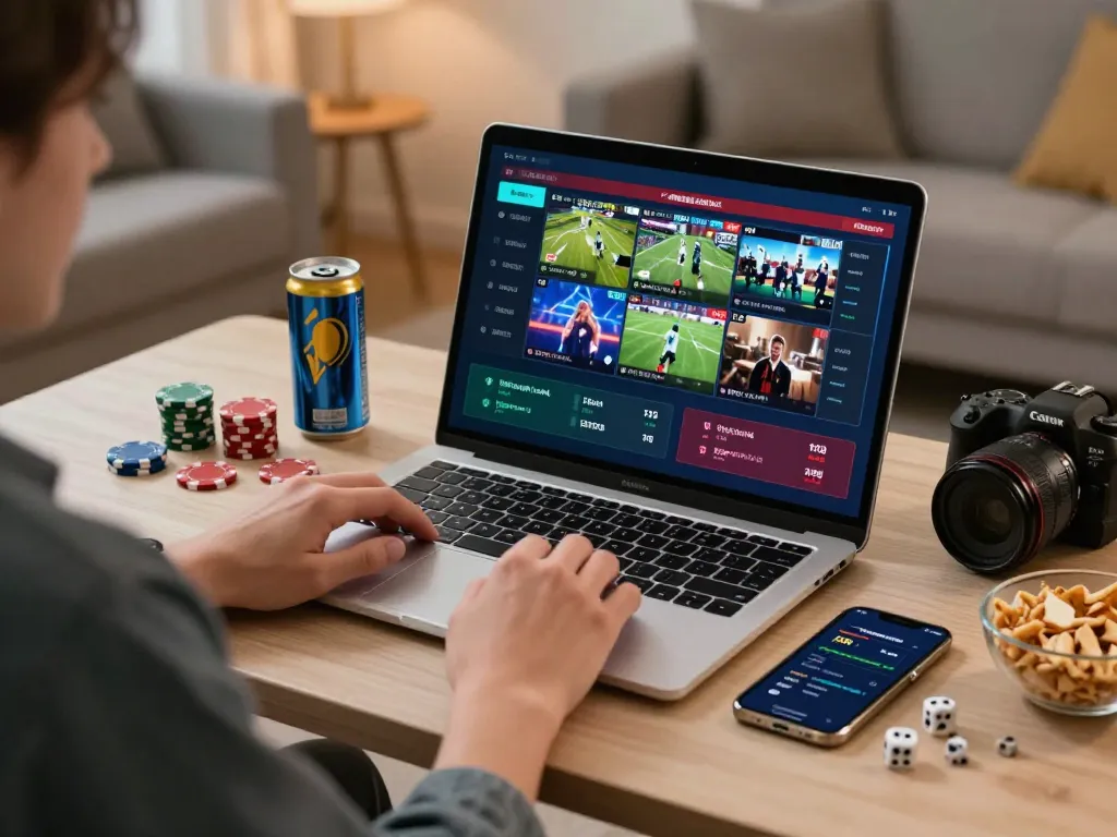 A person engaging in live betting at home on bl555, with a laptop showing game streams and betting odds.