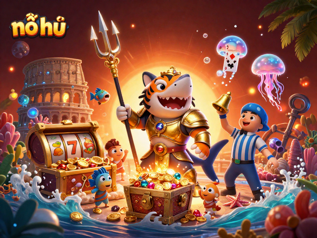 Engage in thrilling nổ hũ gaming with a fierce tiger shark and underwater treasures.
