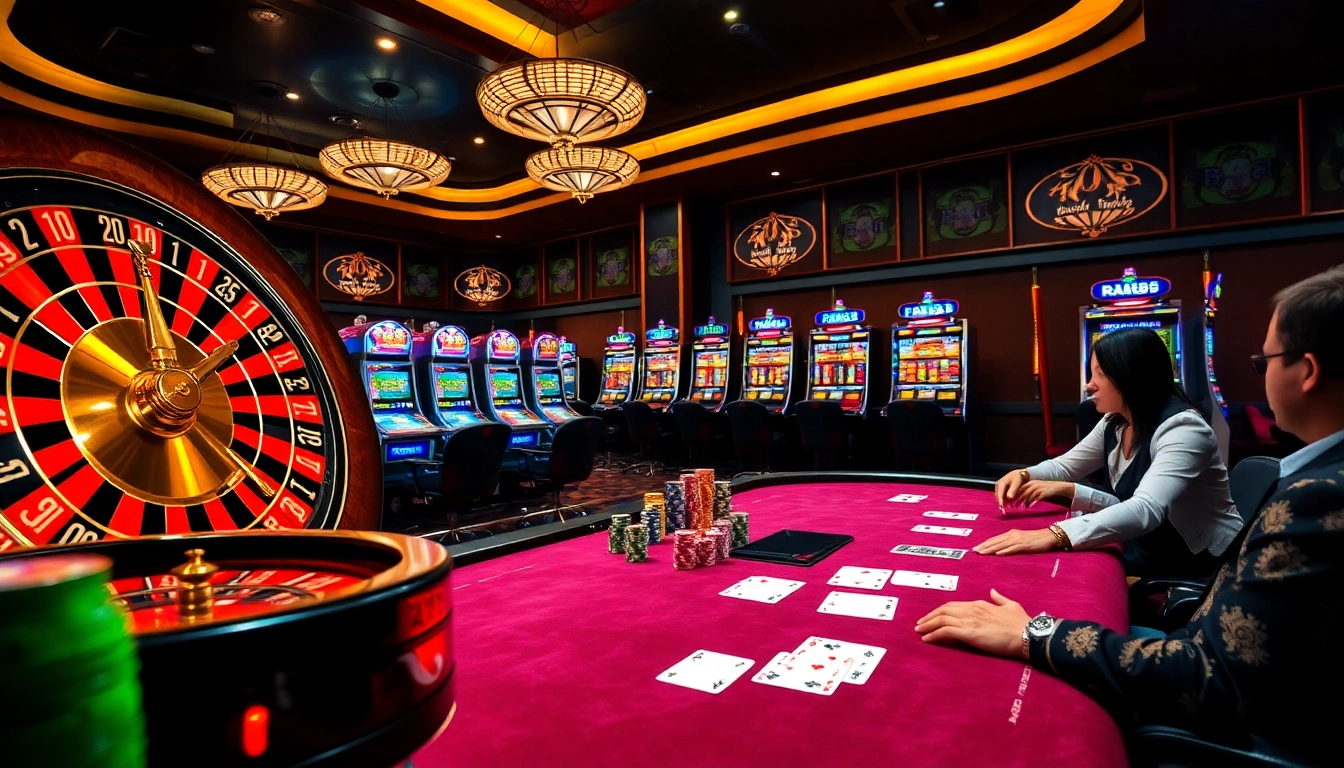 RR88 lively casino scene showing players at a roulette table and poker chips for an engaging experience.