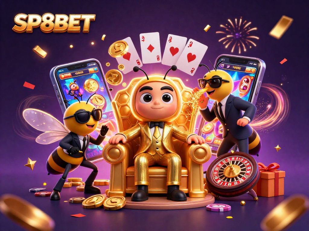 SP8BET's vibrant online casino scene with a bumblebee mob boss and exciting gaming elements.