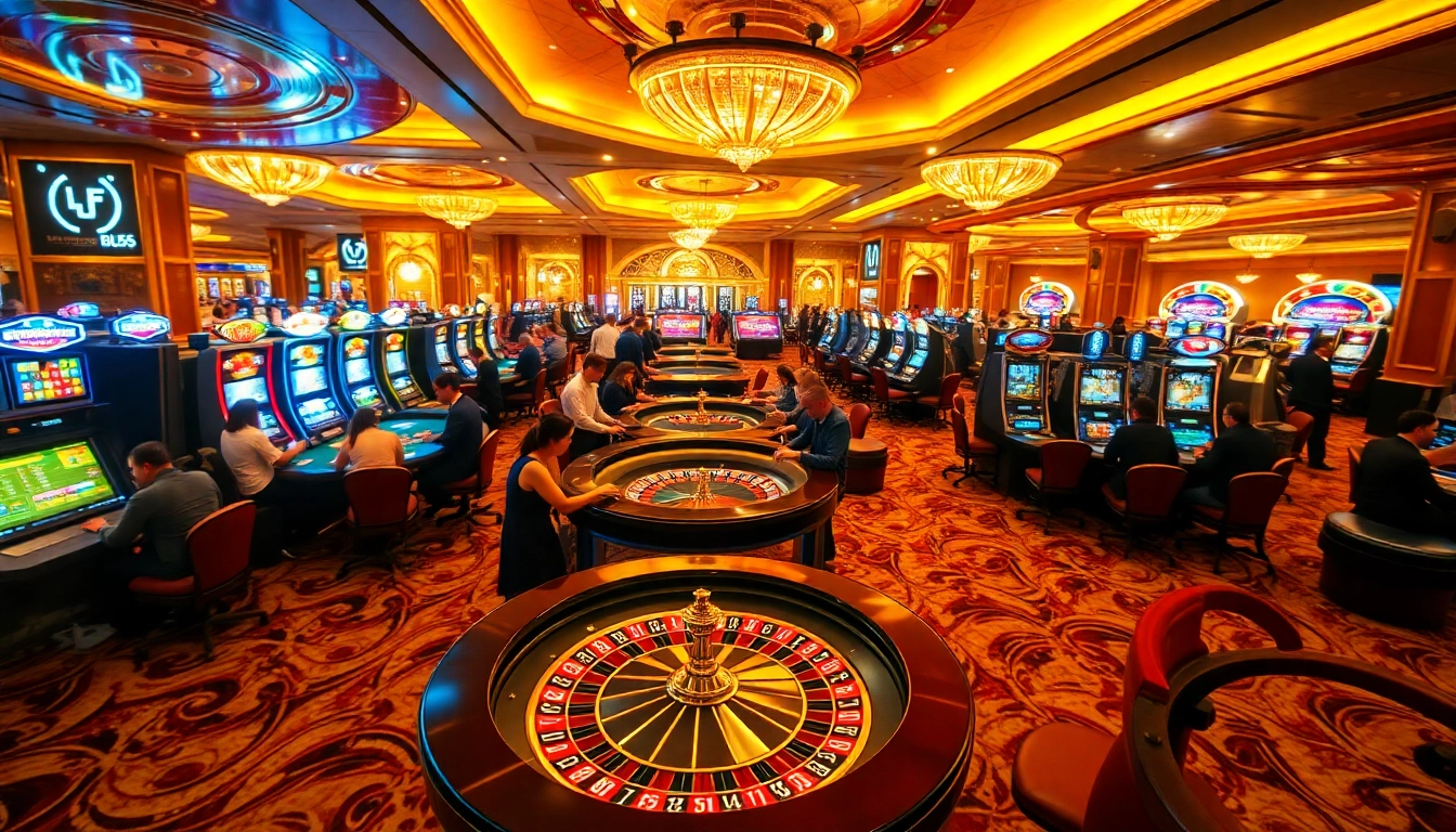 Players engaging in thrilling games at BL555's luxury casino with vibrant tables and exciting slots.