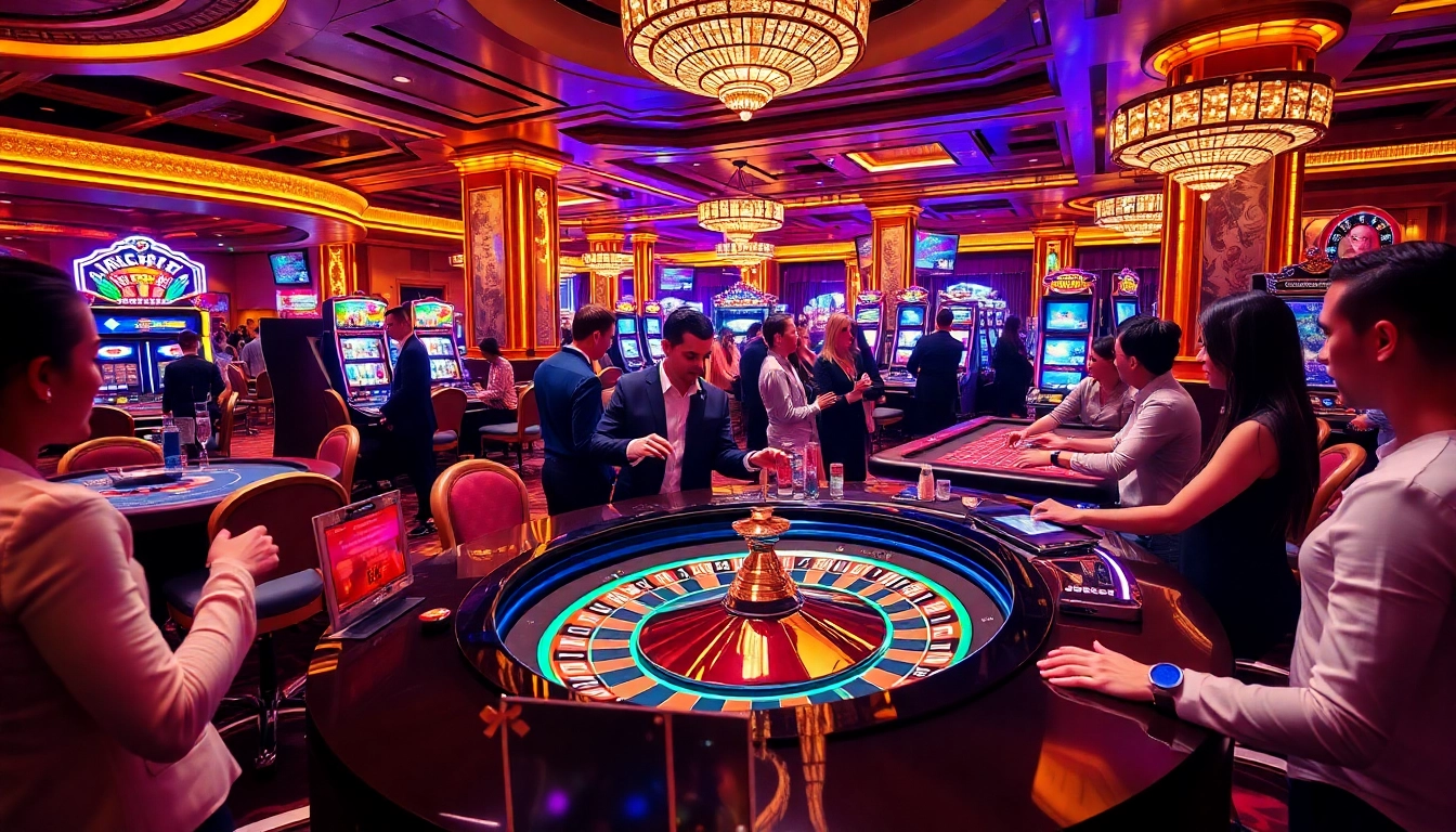 Experience the excitement of Luckywin777 at a vibrant casino with roulette, chips, and elegant decor.