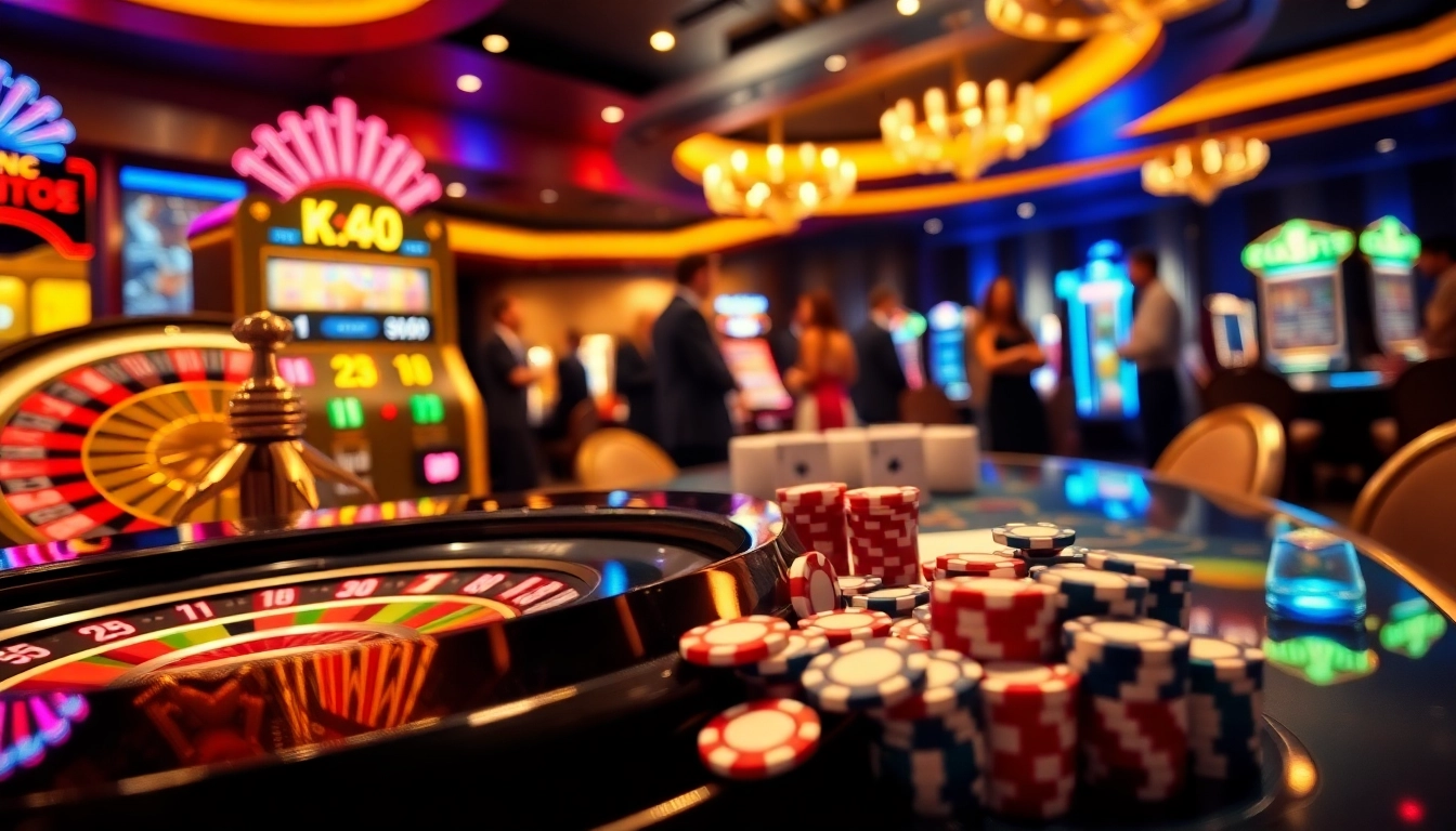 Engaging kèo nhà cái betting interface with casino tables and lively gamblers.