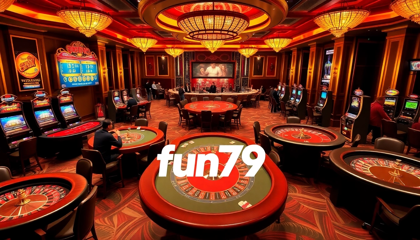Players enjoying high-stakes games in a glamorous casino environment at fun79.