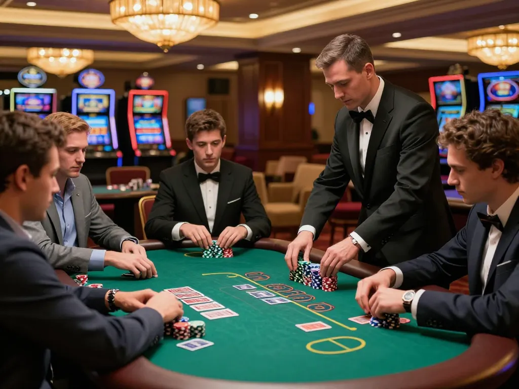 Engaged players at Onbet blackjack table strategizing their next moves in a luxurious casino setting.