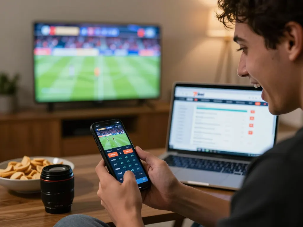 Betting enthusiast engaging with 77bet app on smartphone during live game, showcasing home betting excitement.